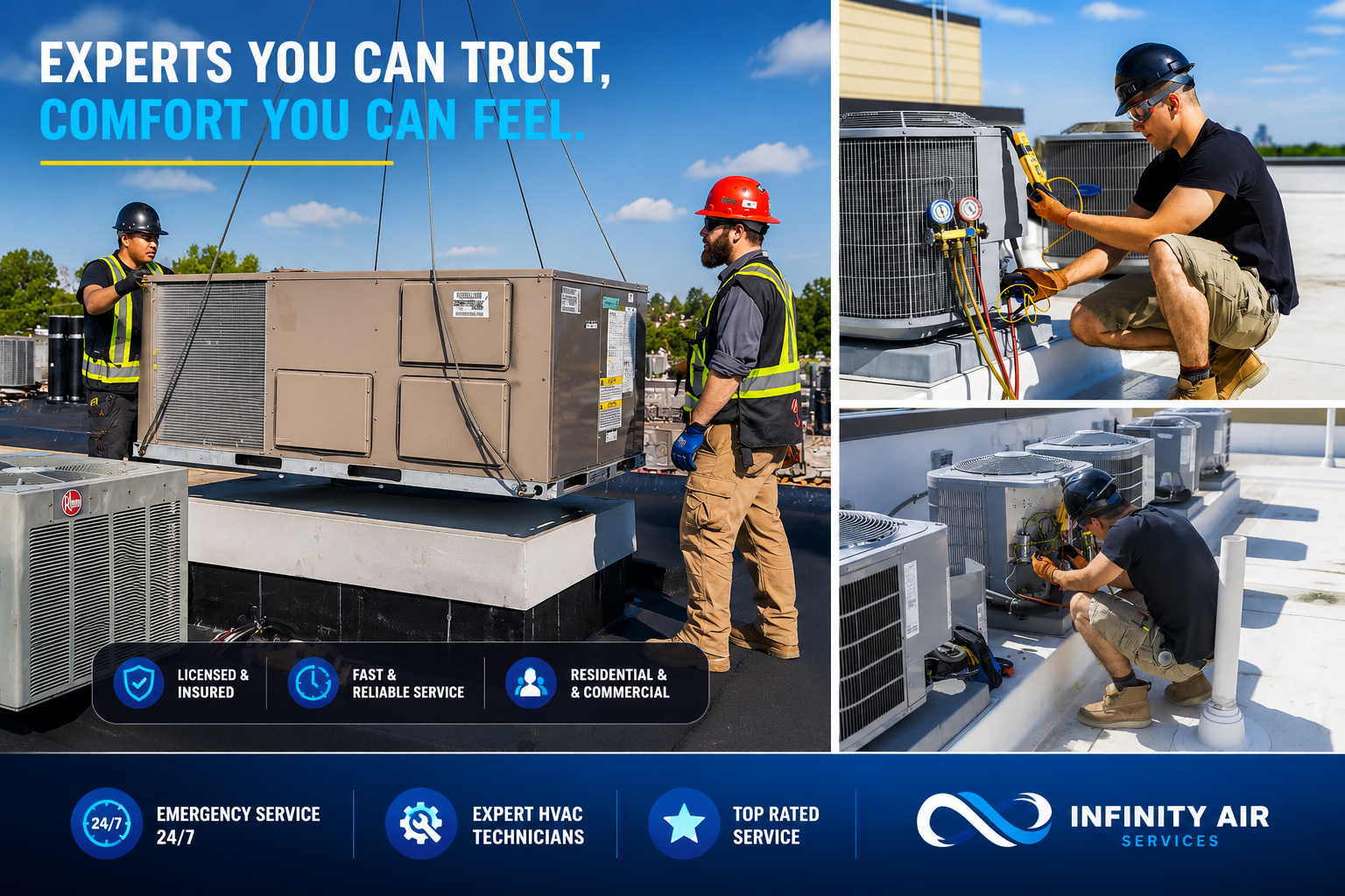 Infinity AC technicians installing and servicing commercial HVAC units