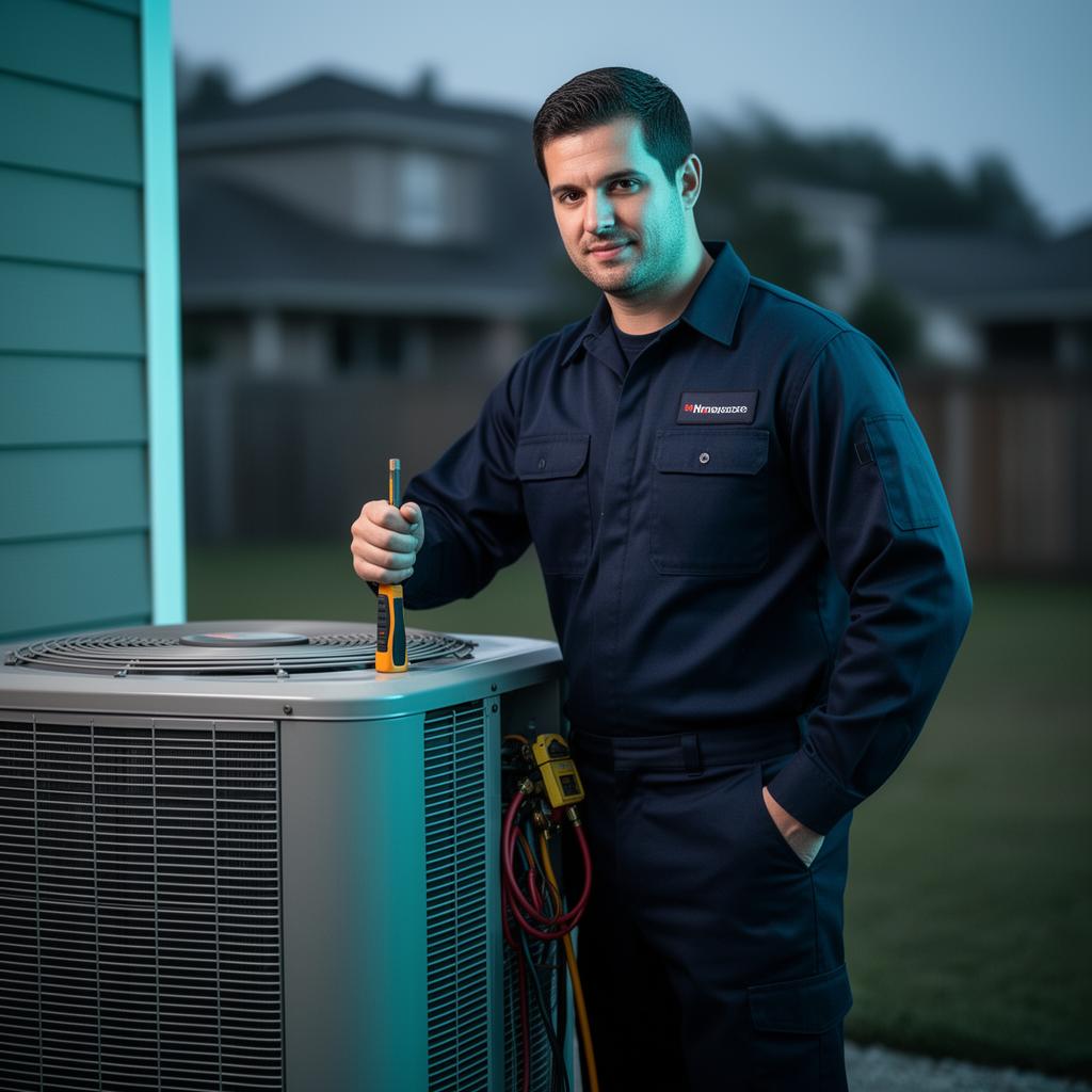 Licensed HVAC technician servicing an AC unit